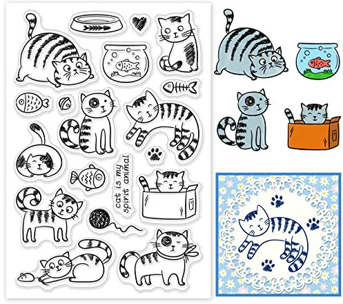 PandaHall Katze Klare Stempel Süßes Haustier Katze Fisch Silikongummistempel Filmrahmen Transparente Siegelstempel Klare Silikonstempel Für Einladungskarte Postkarte Album Foto Geschenkbox Dekor