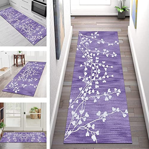 Teppich Läufer Lang Flur Küche rutschfest Teppichmatten Küchenläufer Modern waschbar Flurteppich 50X250CM Violett 3D Teppichläufer Küchenteppich Meterware Esszimmer Schlafzimmer Wohnzimmer Matten