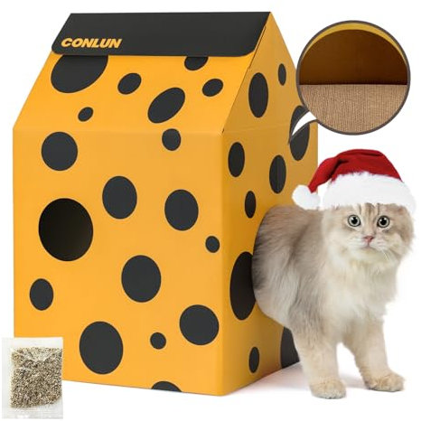 Conlun Cardboard Cat Scratcher House with Scratching Board & Catnip, Cat Play Scratch Bed for Indoor Hideaway Furniture, Sturdy Heavy Duty Cardboard Scratcher, Easy to Assemble Birthday Gift