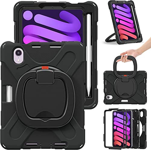 iPad Mini 6 Case 2021, iPad Mini (8.3 inch) 6th Generation Case with Charging Pencil Holder/ 360° Swivel Stand/Handle Grip/Shoulder Strap, Shockproof Protective Rugged Case (Black)