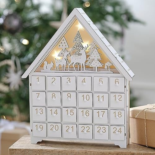 Ginger Ray Weiß & Gold Holz beleuchtet Weihnachten Adventskalender Kamin Dekoration