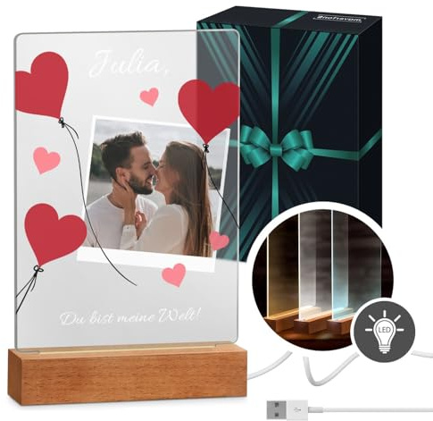 Maverton beleuchteter LED-Rahmen mit Foto, personalisiertes Acryl Glasbild | Personalisiertes Acrylglasbild mit Holzständer mit LED-Beleuchtung, Glasfoto für Frauen zum Geburtstag, Größe: 15x24x4,5cm