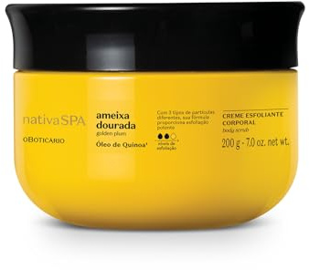 O Boticário Nativa SPA Körperpeeling Goldene Pflaume, Tiefenpeeling, feuchtigkeitsspendend, beugt eingewachsenen Haaren vor erneuerter und strahlender Haut, vegan, 200 g