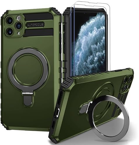 Fudley iPhone 11 Pro Max Magnetic Case [Compatible with MagSafe] with 2 Tempered Glass Screen Protectors with Ring Kickstand,Military Grade Heavy Duty for iPhone 11 Pro Max Case 6.5'' Green