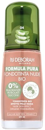 Deborah Milano Foundation Formula Pure Nude BIO, Nr. 04 Amber, mit Vitamin C und Aloe Vera, SPF 20, flüssige Textur mit mittlerer Deckkraft, für einen gleichmäßigen, strahlenden und samtigen Teint