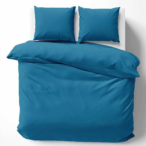 Cotton Castle Bettwäsche Bettgarnitur Bettbezug 100% Baumwolle 135x200 155x220 200x200 200x220, Farbe:Blau, Größe:155 x 220 cm