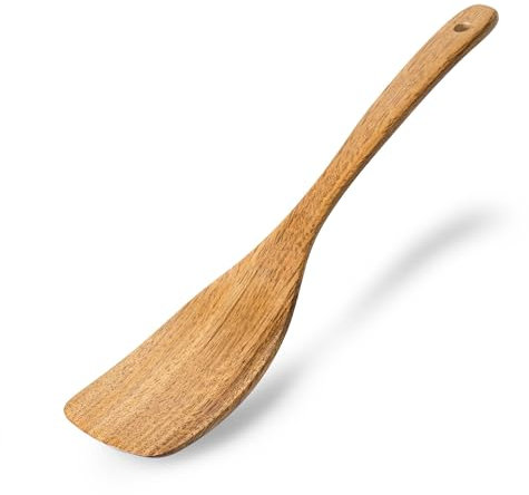 Hefild Curved Wooden Spatula for Cooking, 12.5inch Wood Turner for Frying, Non-Scratch Wood Flat Spurtle for Pan & Wok, Acacia Wooden Cooking Utensils for Non Stick Cookware, Long Handle Scraper