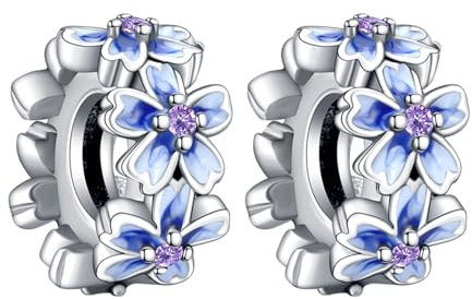RMMY Charm Blue Pansy Flower Spacer Charms 2pcs Anhänger für Armband Halskette Muttertag Geschenk für Frauen 925 Sterling Silber Beads with Zirkonia Schmuck