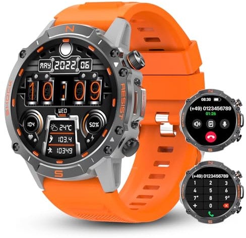 Walkercam Smartwatch Herren mit Telefonfunktion, 1.43 AMOLED Fitnessuhr, 110 Sportmodi,Blutdruck/Herzfrequenz/Sauerstoff/Schlafüberwachung, Outdoor Armbanduhr Schrittzähler für Android iOS, Orange