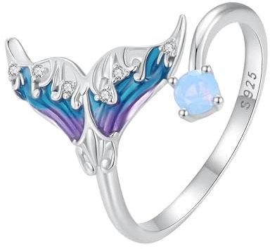 Qings Fischschwanz Ring Damen 925 Sterling Silber Meerjungfrauen Verstellbarer Offener Ring Sommer Ozean Tiere Schmuck Geschenke für Mädchen