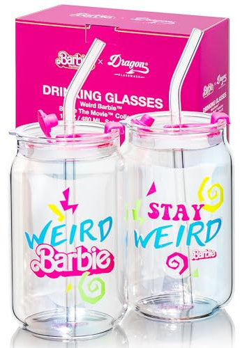 Dragon Glassware x Barbie The Movie - 16 oz Glass Cups with Lids and Straws, Set of 2 - Iced Coffee Cups with Lids - Versatile Glass Tumbler with Straw and Lid for Hot or Cold Drinks - Weird Barbie