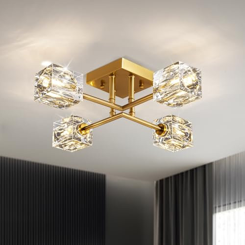 JUJUQI Modern Kistall Deckenleuchte Deckenlampe Gold, K9 Kristall Kronleuchter, 4-Lichter Design, Halbbündiger Luxus Deckenleuchte für Schlafzimmer Flur Esszimmer