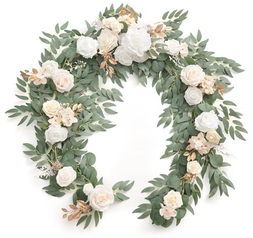 Tkasniy Artificial Flowers Garlands, 9 FT Eucalyptus Garlands Flower Vine Faux Floral Garland For Home, Garden, Indoor/Outdoor Weddings, Parties,Cream White
