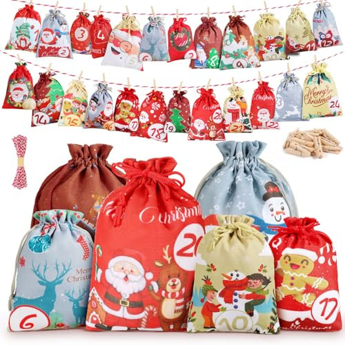 Adventskalender zum Befüllen,24 Adventskalender Selber Befüllen Kinder Stoff,Groß Adventskalender Basteln Säckchen,Adventskalender Tüten,DIY Weihnachtskalender Aufhängen zum Selbst Befüllen Kinder