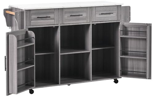Küchenschrank mit Klappbarer Arbeitsplatte ,Kücheninsel freistehend auf 5 Rollen und 3 Schubladen Mobiler Sideboard Storage küchenschränke für Küche und Esszimmer 139x46(71) x91,5 cm (Grau)