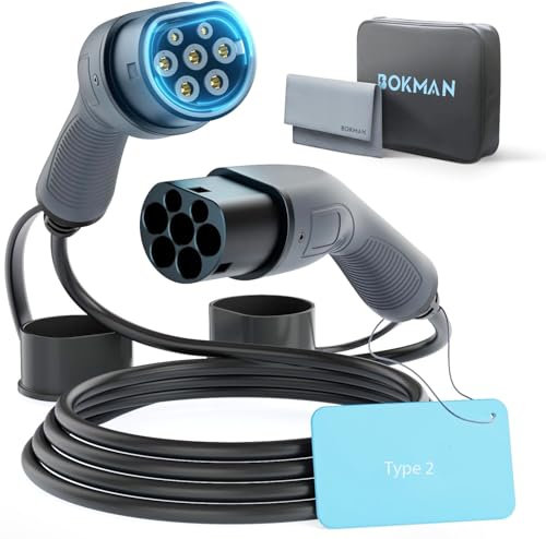 bokman Câble de Charge de Type 2, (22kW, 32A, 15m, 3 Phases), Type 2 vers Type 2, pour Voiture électrique, avec Sac de Transport et Chiffon en Microfibre