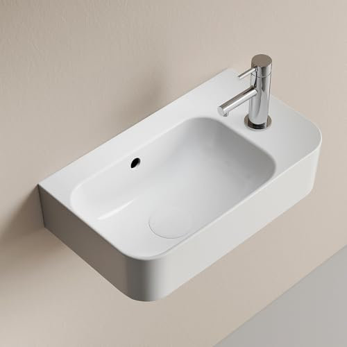 EMKE Lavabo Sospeso 450 x 265 x 155 mm – Lavabo Compatto ed Elegante per Piccoli Bagni e WC Ospiti –Rubinetto a Destr, Installazione a Parete, Bianco Lucido