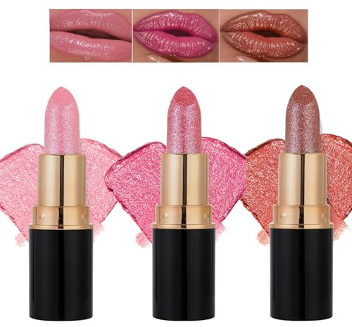Glitter Lipstick for Women, 3pcs Sparkling Lipstick for Women,Light Pink Moisture Tinted Lip Balm, Waterproof Shimmer Lipgloss, Long Lasting Glossy Lip Stick Lip Stain,Velvety Smooth,Highly Pigment
