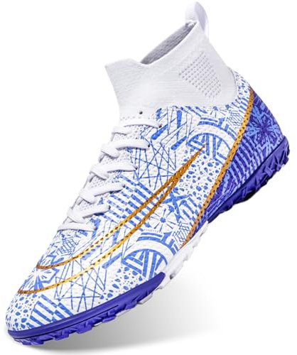 DimaiGlobal Football Boots Men's High-Top Indoor Football Shoes Astro Turf Trainers Boys Futsal Shoes Competition Athletics Sneakers Teenager Breathable Soccer Shoes Unisex 3.5UK WhiteTF