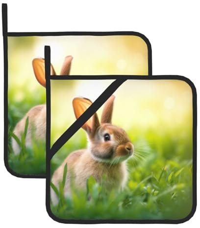 Quadratische Topflappen mit niedlichem Hasen-Druck, hitzebeständig, mit Tasche, 2 Stück, für die Küche