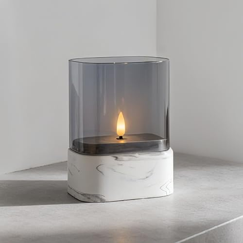 Fanna Battery Operated Glass Candle with Timer Function in Marble Texture, Flameless LED Candle Rectangular-Shaped for Daily Home Decor and Table Centerpieces, Grey and White Design - 12 x 8 x 15 cm