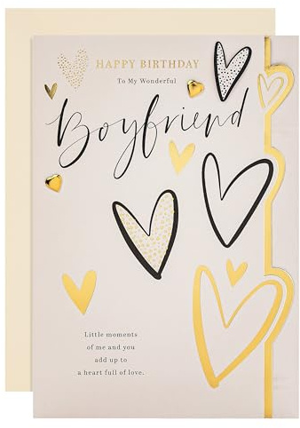 Hallmark Birthday Card for Boyfriend, Gold Foil, Hearts, Heartfelt Verse | Measures 26cm by 18cm, White and Gold Card, Includes Cream Envelope, Fully Recyclable Design, Classic Style