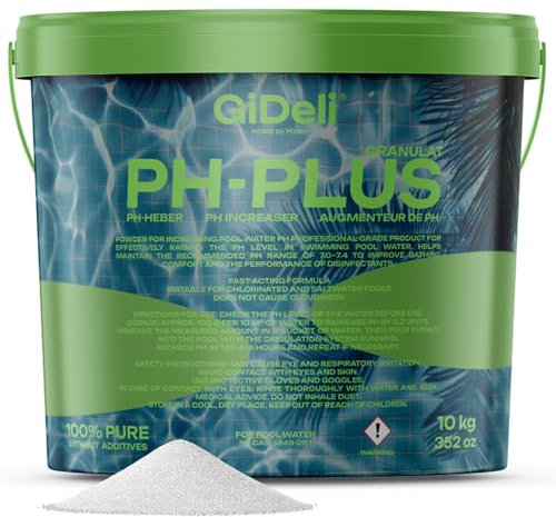 pH Plus granulato 10 kg in secchio medio per il valore di pH in piscina, vasca idromassaggio e jacuzzi, prodotto per acqua cristallina, ideale per tutti i tipi di piscine, dosaggio semplice ph+