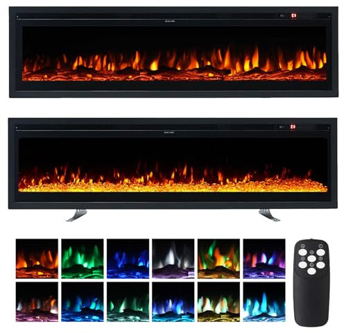 INMOZATA 3 IN 1 Electric Fire 152cm/60 Wall Mounted/Recessed/Freestanding Electric Fireplace with Remote & Touch Screen Control 9 LED Color Flame Effect, 2 Heat Settings 900W&1800W, Crystal & Log Set