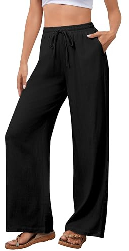 Pantalones de algodón para Mujer Pantalones de Tiempo Libre con cordón Cintura elástica Informal Holgada Pantalones para Mujer Pierna Ancha con Bolsillos(Negro,L)