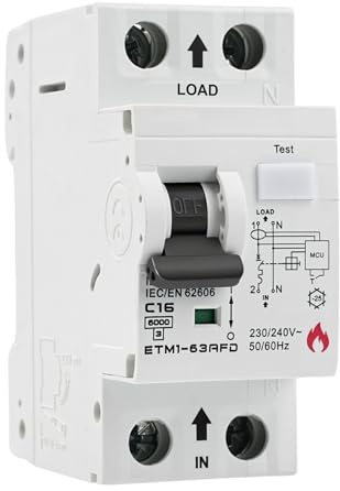 Disjoncteur 16A 1P+N 16A 6kA C16 AFDD disjoncteur à arc de défaut 5-10 In Courbe de déclenchement type C Protection contre les arcs électriques, les surcharges et les courts-circuits ETM1-63AFD