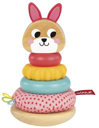 Goula Stacking Rabbit - Stapelhase – Sensorisches Stapelspielzeug mit strukturierten Holz, Silikon & Stoffringen für Motorik & Tastsinn – Babyspielzeug für Kinder ab 12 Monaten