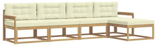 vidaXL Outdoor-Sofagarnitur mit Kissen 4 pcs Weiß und Creme Polyester, Gartenmöbel Set, modern, wetterfest, Sitzgruppe, Ecksofa, Akazienholz, braun, modulare Lounge