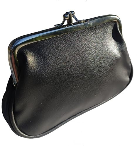 Porte-Monnaie Rétro Grand-Mère - Classique avec Double Fermoir - Simili Cuir (Fermoir Argenté, Noir Argente)