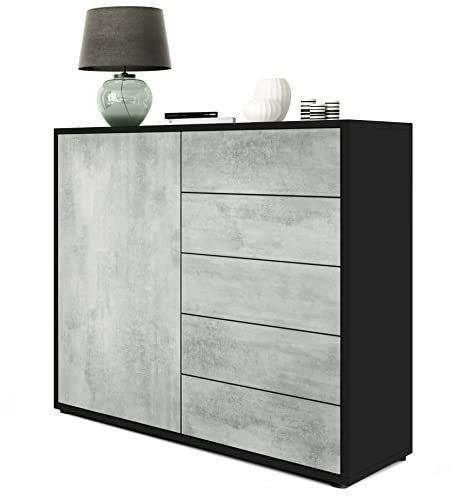 Vladon Sideboard Ben V2, Made in Germany, Kommode mit 1 Tür und 5 Schubladen, Schwarz matt/Beton Oxid-Optik (79 x 74 x 36 cm)