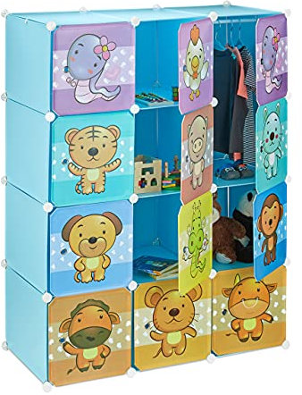 Relaxdays Steckregal Kinderzimmer, Tiermotive, Jungen, Türen, Kleiderstangen, Kunststoff Kleiderschrank, 145x110cm, blau