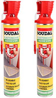 2 x Soudal Plasterboard Adhesive Expanding Foam Dry Fix Genius Gun - 750 ml