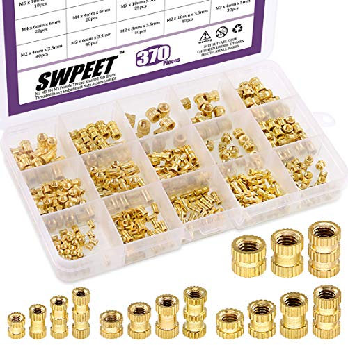 370 Stück 4 Werte M2 M3 M4 M5 Innengewinde Rändelmuttern Messing Gewindeeinsatz Embedment Muttern Hydraulische Schweißverbindung Spritzguss Sortiment Kit Perfekt für 3D-Druck Spritzguss