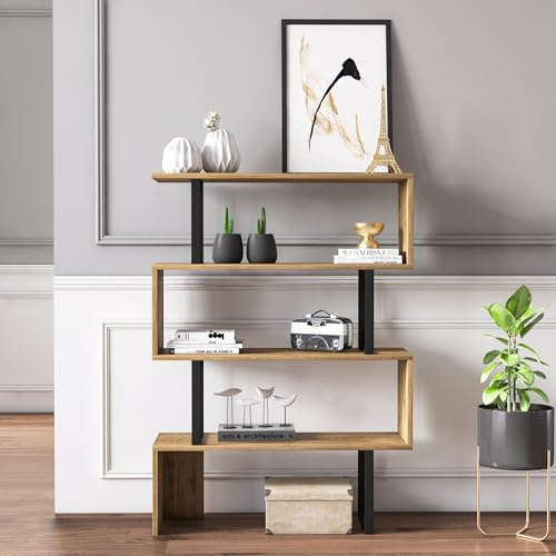 DECOROTIKA Adriana 4-Shelf Geometric Modern Industrial Etagere Bookcase Bookshelf Shelving Unit (Black and Oak)