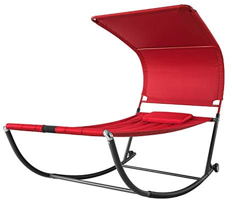 SoBuy OGS44-R Sonnenliege mit Sonnendach und Kopfkissen Schaukelliege Gartenbett Gartenliege mit Rollen Relaxliege Rot Belastbarkeit 200 kg BHT ca: 114x173x227cm