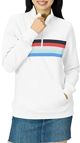 Amazon Essentials Women's Long-Sleeved Fleece Quarter-Zip Top (Available in Plus Size), Red White Placed Stripe, L