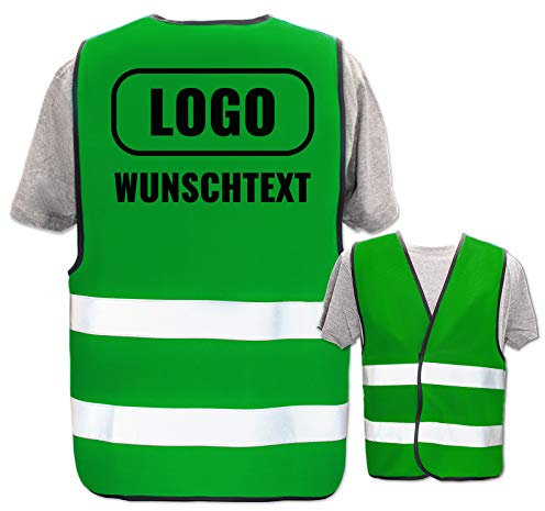 Hochwertige Warnweste direkt selber gestalten * eigener Aufdruck mit Text Logos Grafiken Designs, Position & Druckart:Rücken/Standard-Druck, Farbe & Größe:Grün/Größe M/L