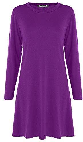 Mustwearit Womens Long Sleeve Plain Swing Dress Ladies Flared Dresses UK Size 8 to 26 Purple Plus Size (UK 16/18)