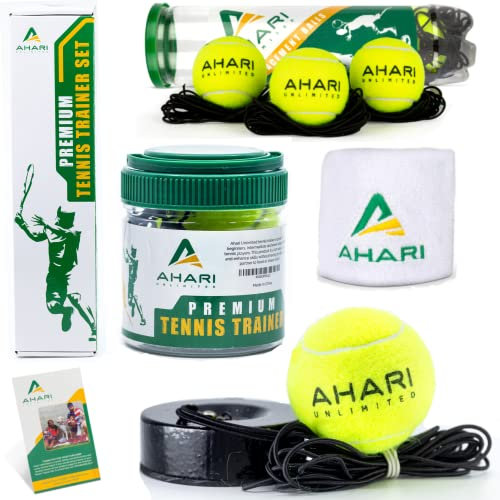 Ahari Unlimited Tragbarer Tennis-Trainer – Solo-Tennis-Trainer mit elastischer Schnur mit 0,9 kg Gewicht schwerem Eisenboden – Tennis-Übungsgerät Paket mit 3 Ersatz-Tennisbällen und Armband