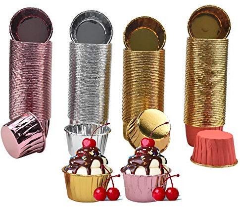 Chstarina 200pcs Cupcake Cases Pack Foil Metallic Muffin Cases Baking Cakes Wrapper Muffin Cases Aluminum Cupcake Liners Baking Paper for Weddings Birthdays Baby Showers Party Coffie Shop