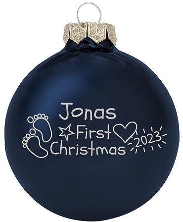 Deitert Weihnachtskugel mit Wunschtext Gravur, Ø 8cm, personalisierte Christbaumkugel aus Glas (glänzend), Individueller Weihnachtsbaumschmuck Namen oder Spruch, Babys First Christmas, Blau