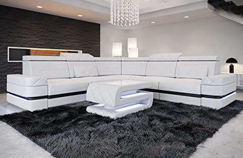Ledersofa Positano in L-Form als Ecksofa mit LED Beleuchtung Couch mit Kopfstützen modernes Sofa (Weiß-Schwarz)
