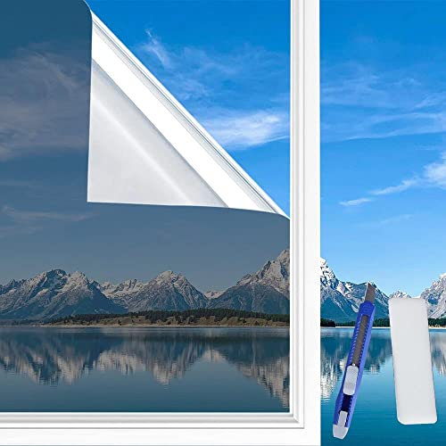QOCO Spiegelfolie Wärmeisolierung Sonnenschutzfolie Fensterfolie 99% UV-Schutz Fenster innen selbstklebend für Büro und Haus sliber mit Gebrauchsmesser (60x400 cm)