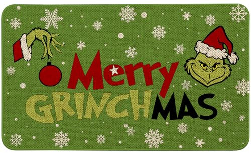 Merry Grinchmas Haustürmatte, Weihnachtsdekoration, Eingangstürmatte, rutschfeste Bodenmatte, absorbiert Wasser, für den Innenbereich, Bad, Küche, Garten, Eingangsbereich, Urlaubsdekoration für den