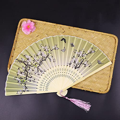 CIYAZA Hand Fans For Women Foldable, Hand Fan Foldable Sage Green Bamboo Fans Elegant Butterfly Floral Japanese Chinese Fan With Tassel Oriental Handmade Silk Fan For Dancing Wedding Gifts Home