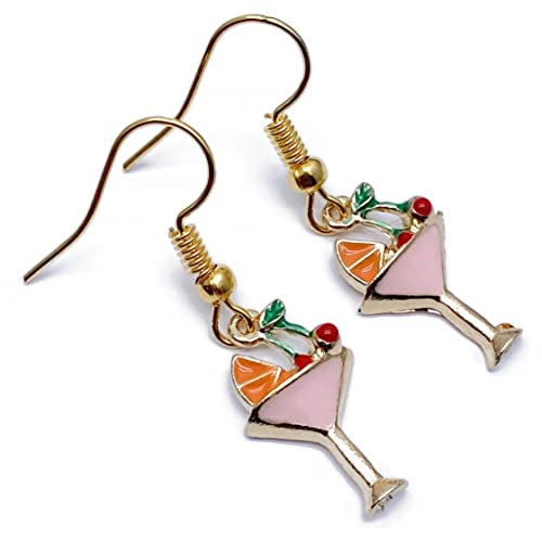 Cocktail Glass Charm Earrings, Pink, Green and Red Enamel Charm Beads on Nickel Free Gold Tone Hooks : 36mm long, Drinks Lover Jewellery, Funny Gift for Women
